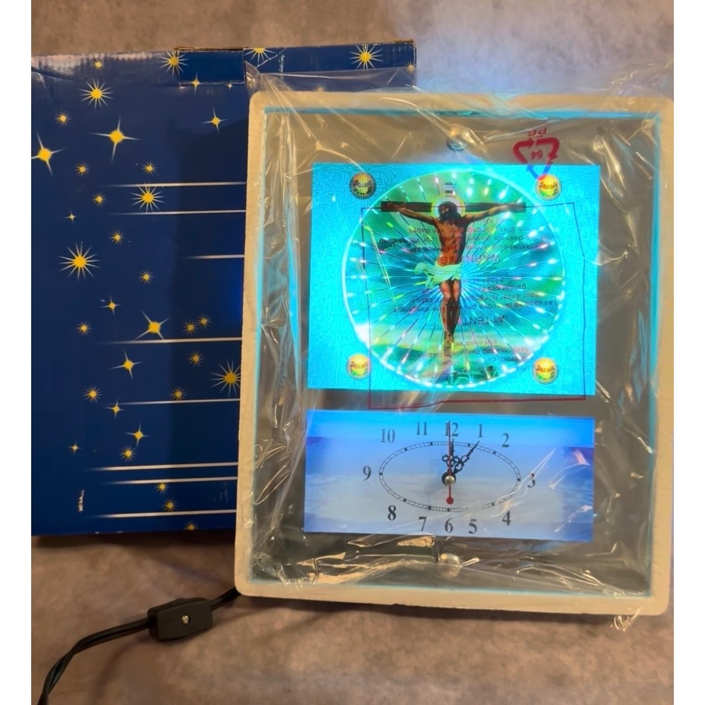 Vtg Jesus Crucifixion Psychedelic Motion Light Up Mirror Wall Clock WORKING NIB